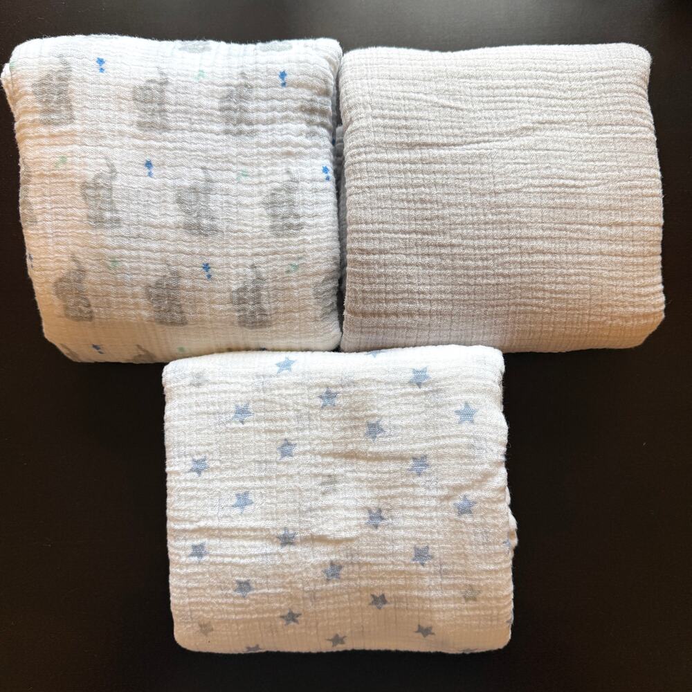 Aden + Anais Baby Muslin Swaddle Blanket Set Of Three In Elephant Star Blue Gray